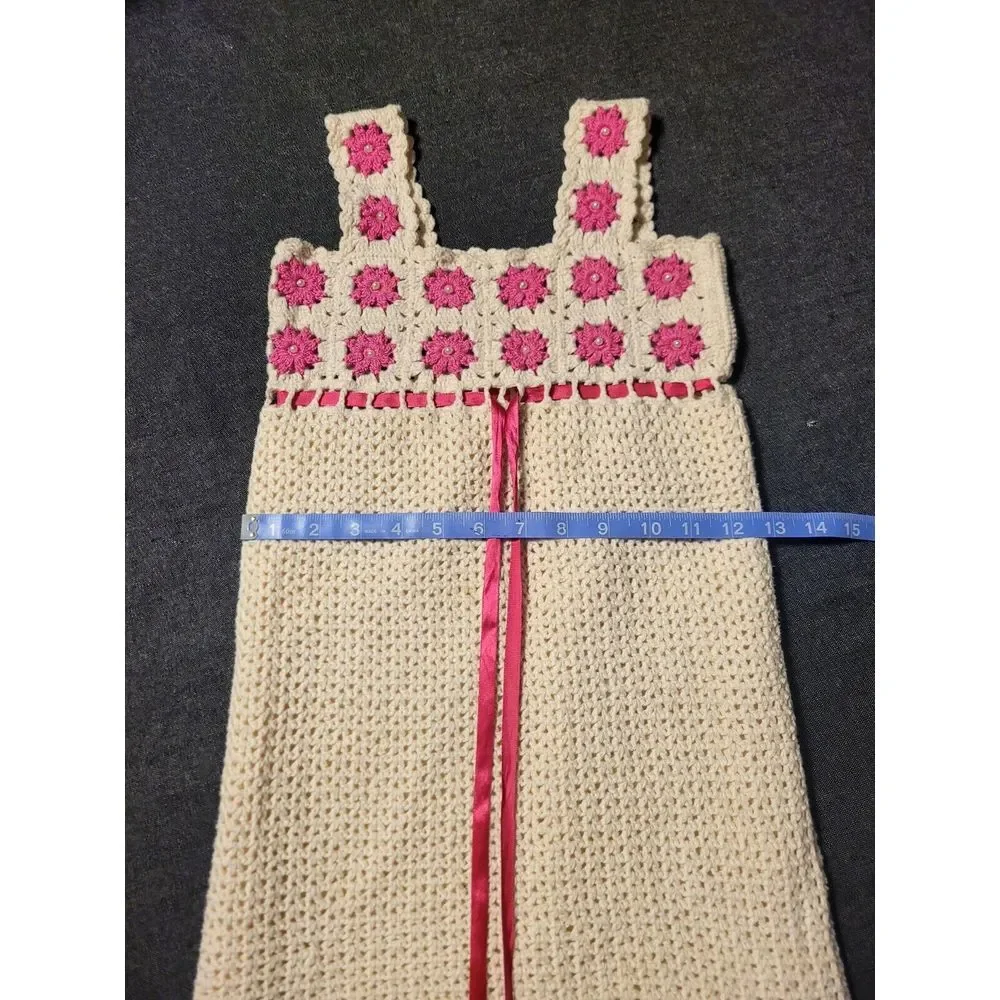 Vintage Hand‎ Knit Girls Dress Crochet Cream Pink 10-12 Or Womens XXS